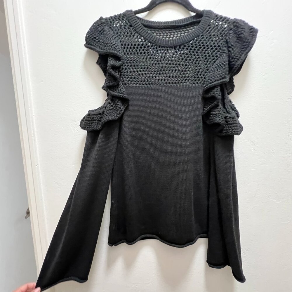 Anthropologie Maeve Ruffled Open Cold Shoulder Sweater in Black Small